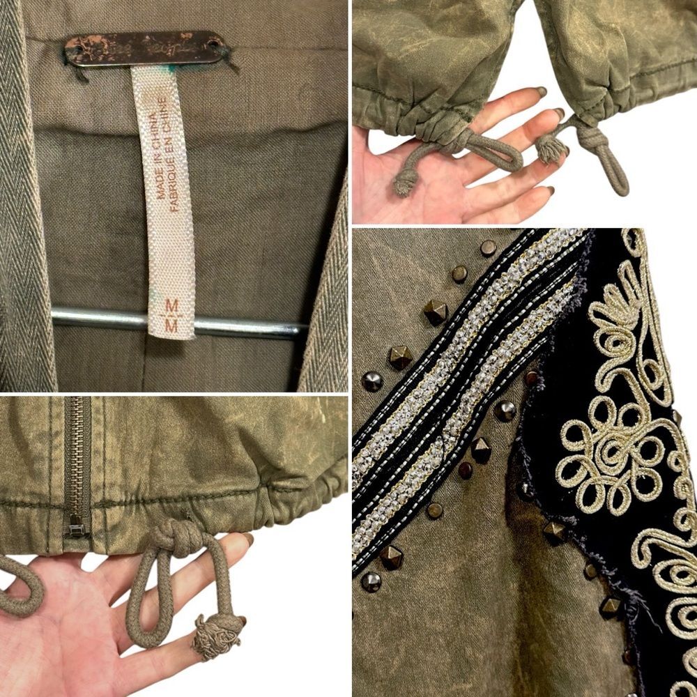 FREE PEOPLE Golden Quills Military Parka Jacket Coat Green Rhinestones M RARE - Picture 15 of 16